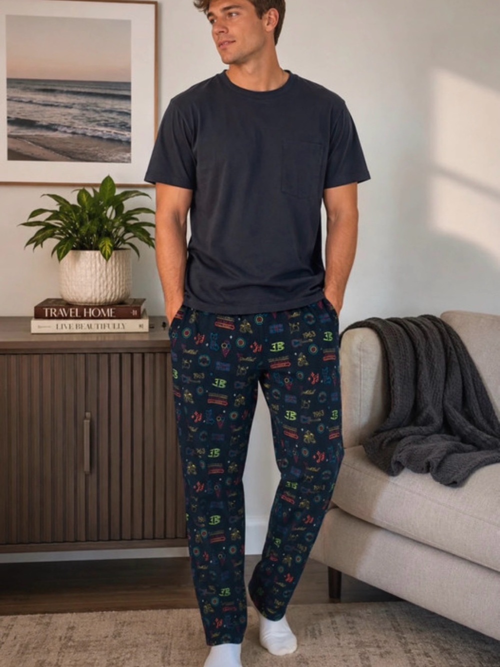 Ben Sherman Black Lounge Pants with Neon Icon Print